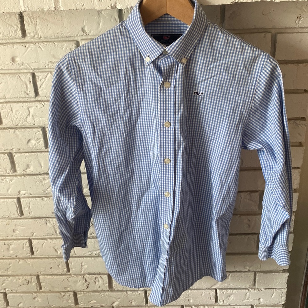 Vineyard Vines whale shirt boys M 12-14. Blue and white gingham button down.